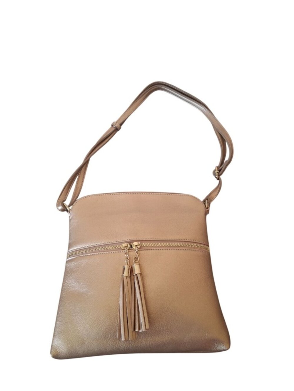 Gold Metallic Crossbody Bag Purse Tassel Zipper Vegan Leather Y2K Boho Chic